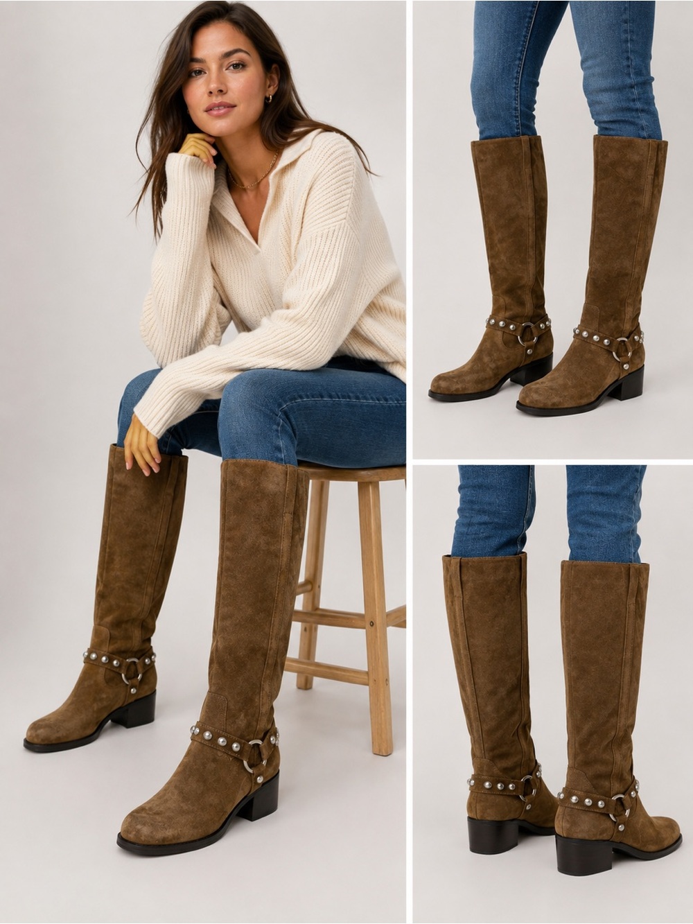 254. Marc Fisher Brown Suede Studded Harness Knee Boots